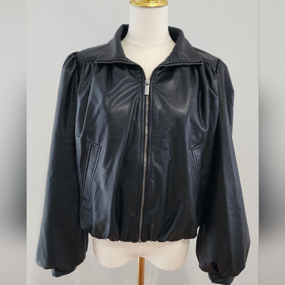Casual Faux Leather Gathered Bomber Jacket Black Cinch Cropped Size S